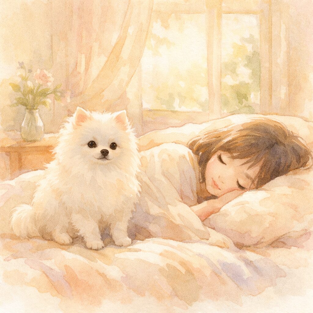 眠っている人のそばにやさしく寄り添う犬の水彩イラスト