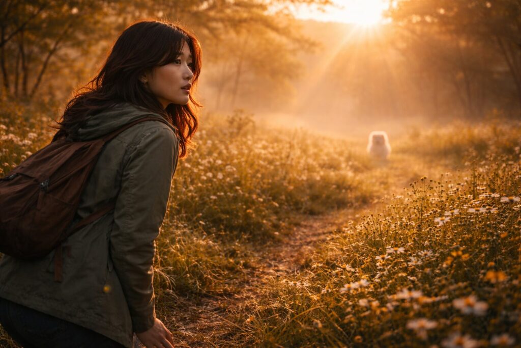 白い犬を探して光の差す草原を見る日本人女性