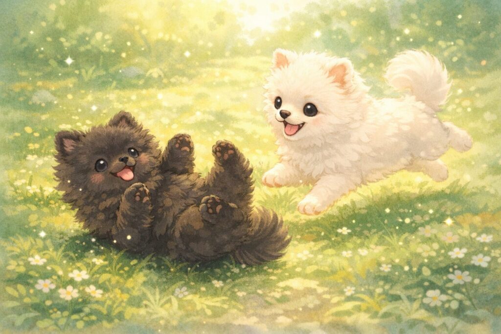 夢占いで白い子犬と黒い子犬が2匹遊んでいる夢のイメージ