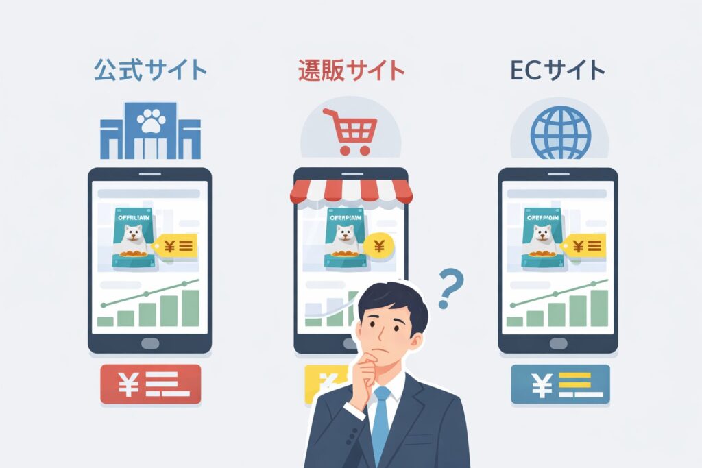 モグワンの価格を公式サイト・Amazon・楽天で比較しているイメージ