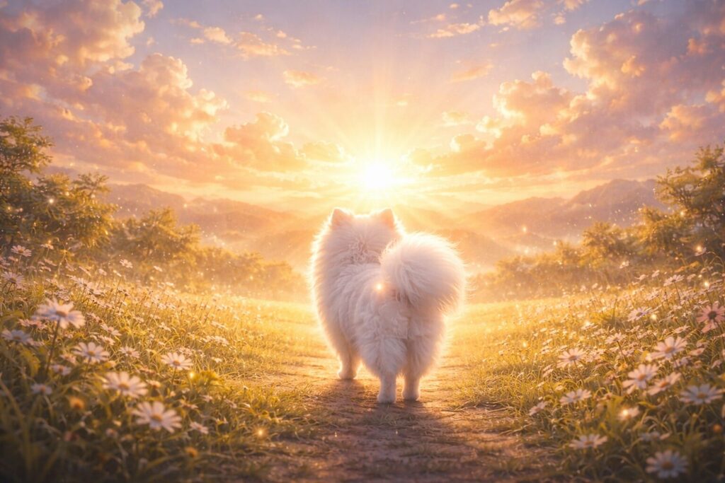 朝日の中を歩く白い犬の夢をイメージした幸運の象徴