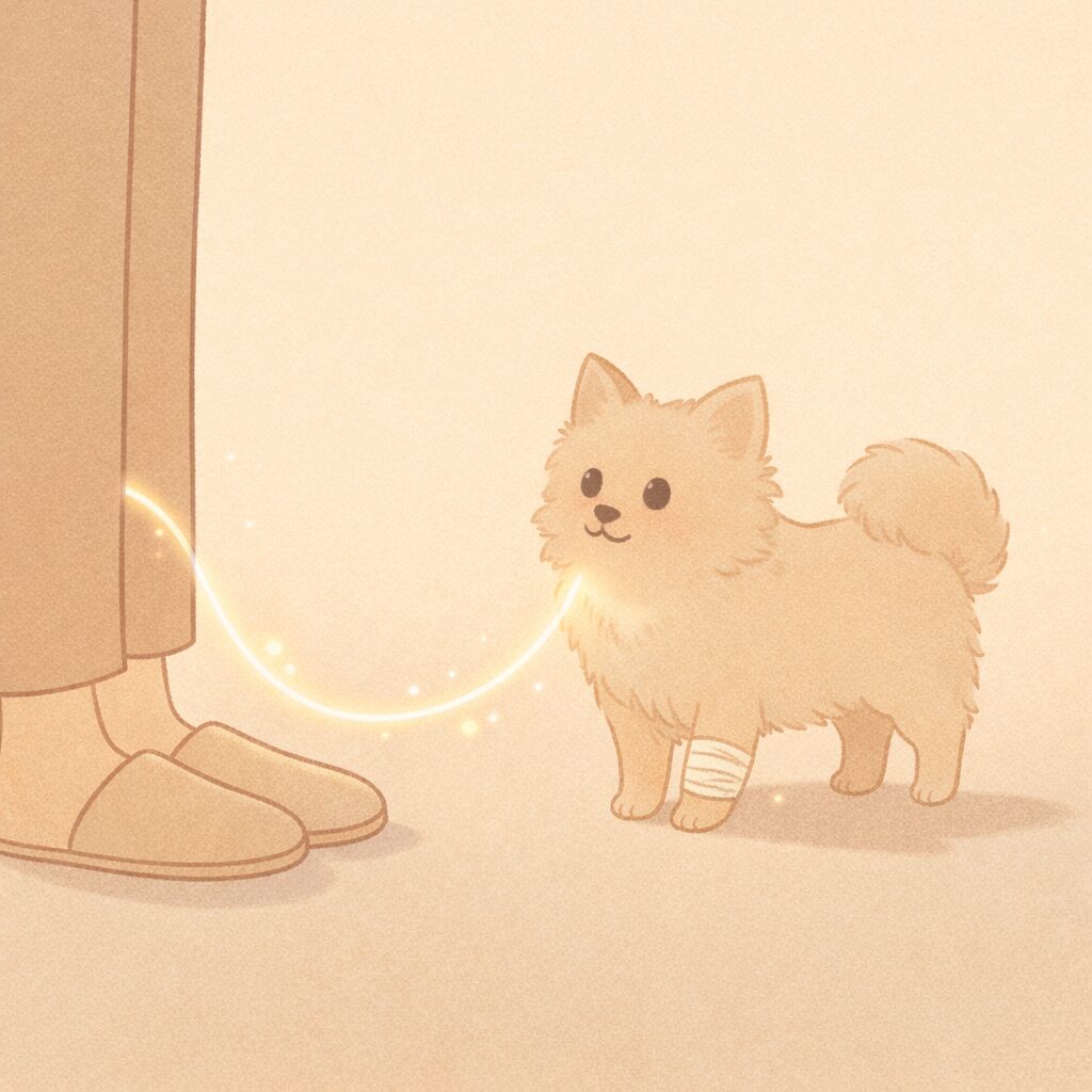 足に包帯を巻いた犬と人とのつながりを象徴するイラスト