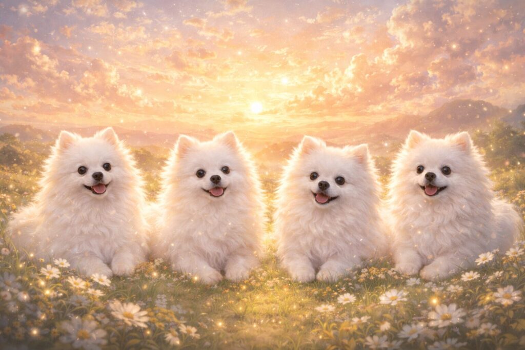 たくさんの白い犬が並ぶ夢をイメージした幻想的な風景