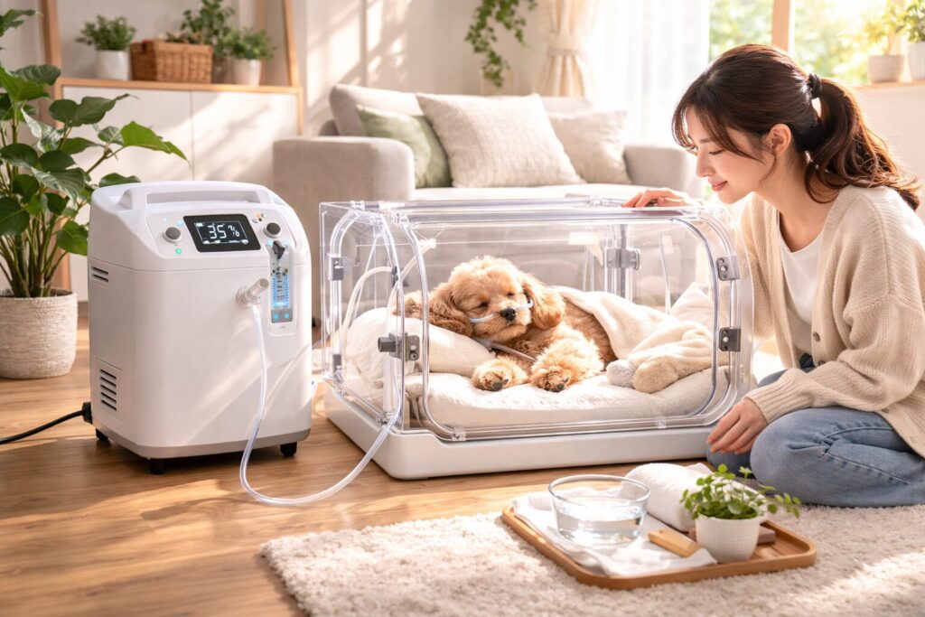 呼吸が苦しそうな犬を心配する飼い主の様子