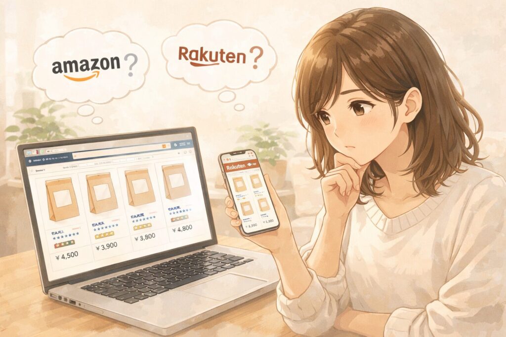 モグワンをAmazonや楽天など通販サイトで比較している様子