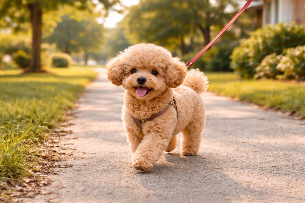公園を散歩するトイプードル