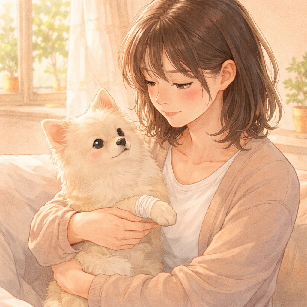 室内で愛犬をやさしく抱える人物のイラスト