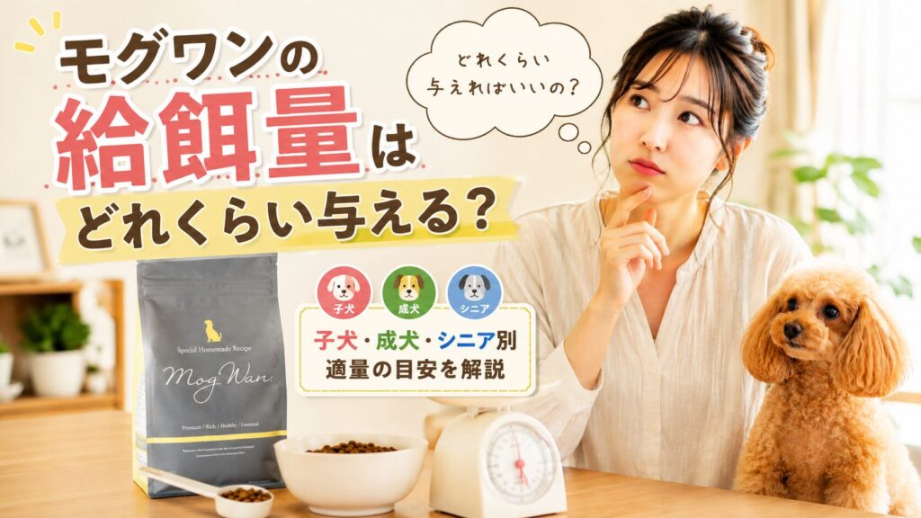 モグワンの給餌量を計量スプーンとキッチンスケールで確認している女性とトイプードルのアイキャッチ画像