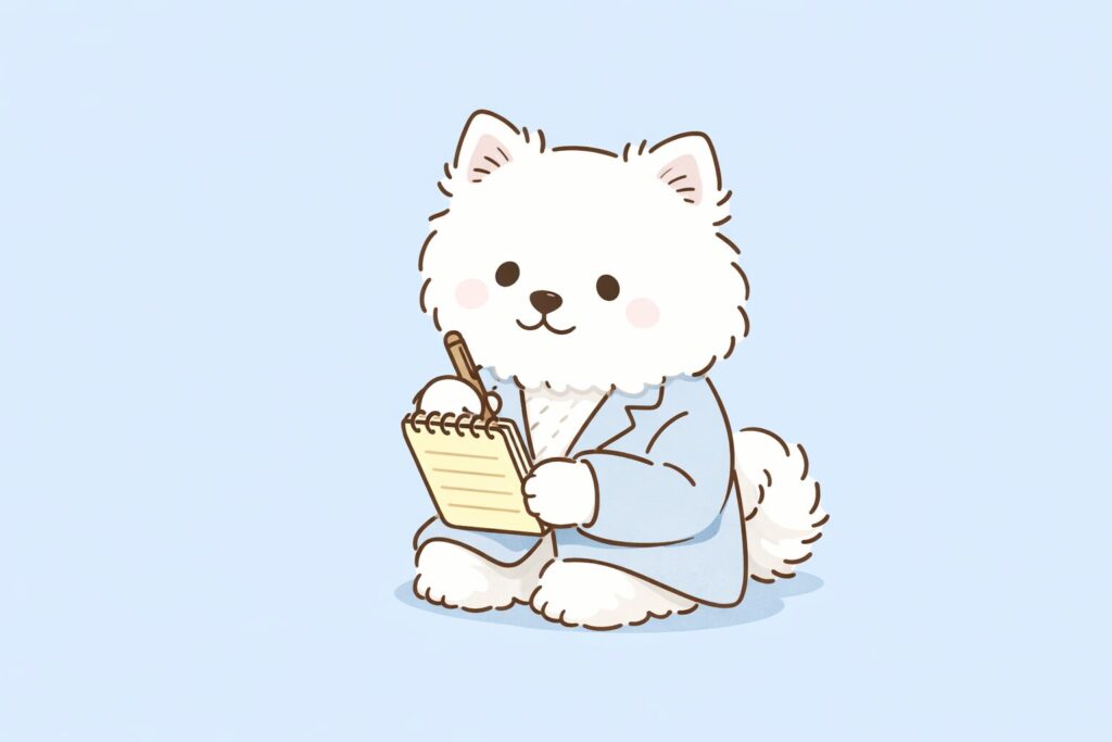 メモを取る犬の研究員キャラクターのイラスト