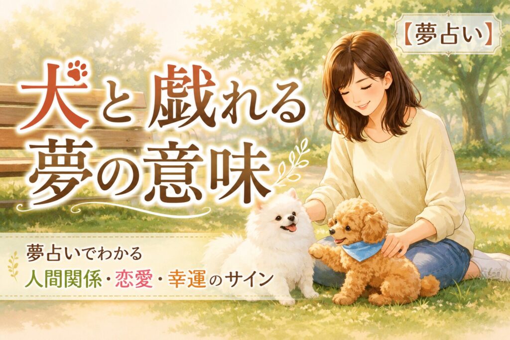 公園で犬と楽しく戯れる女性のイラスト(犬と戯れる夢の意味を表現した夢占いイメージ)