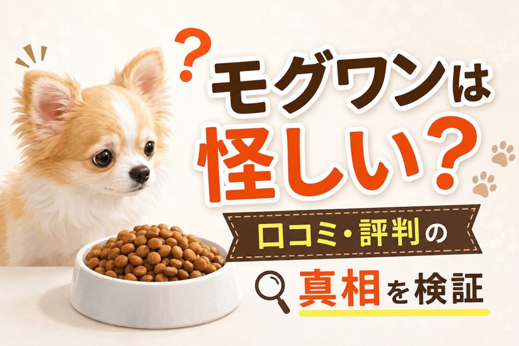モグワンが怪しいと感じて悩む飼い主と犬のイメージ