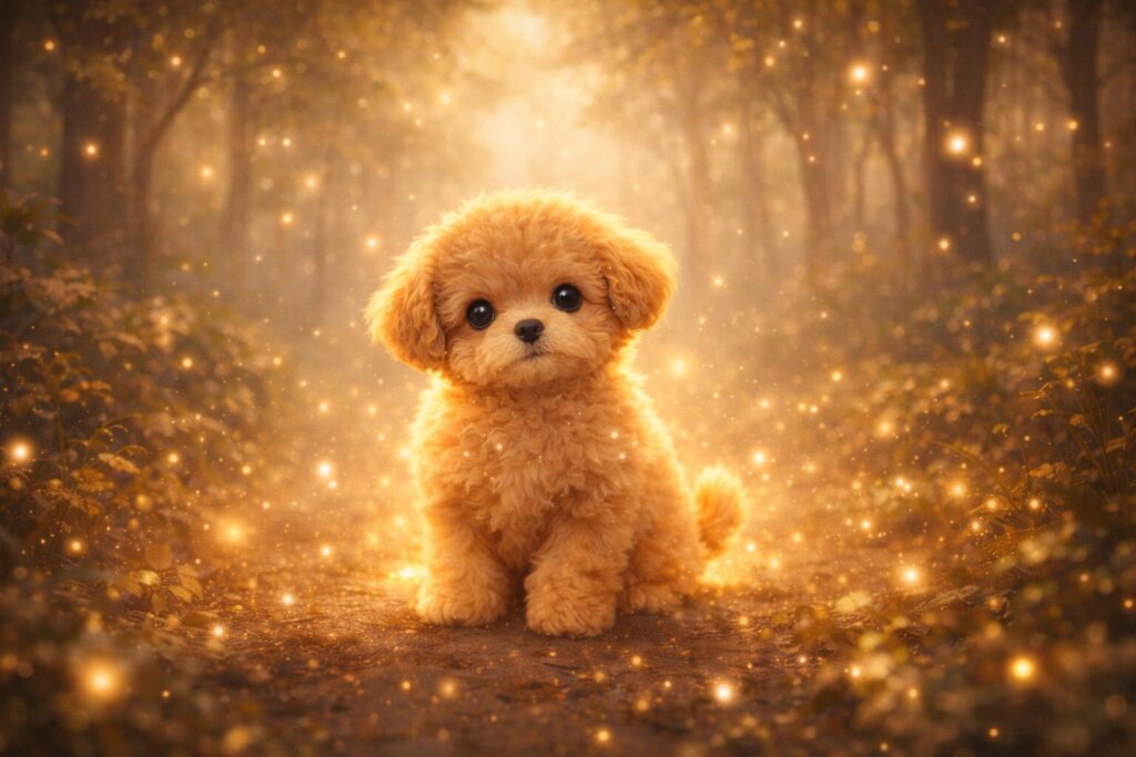 幻想的な光に包まれた茶色の子犬のイメージ