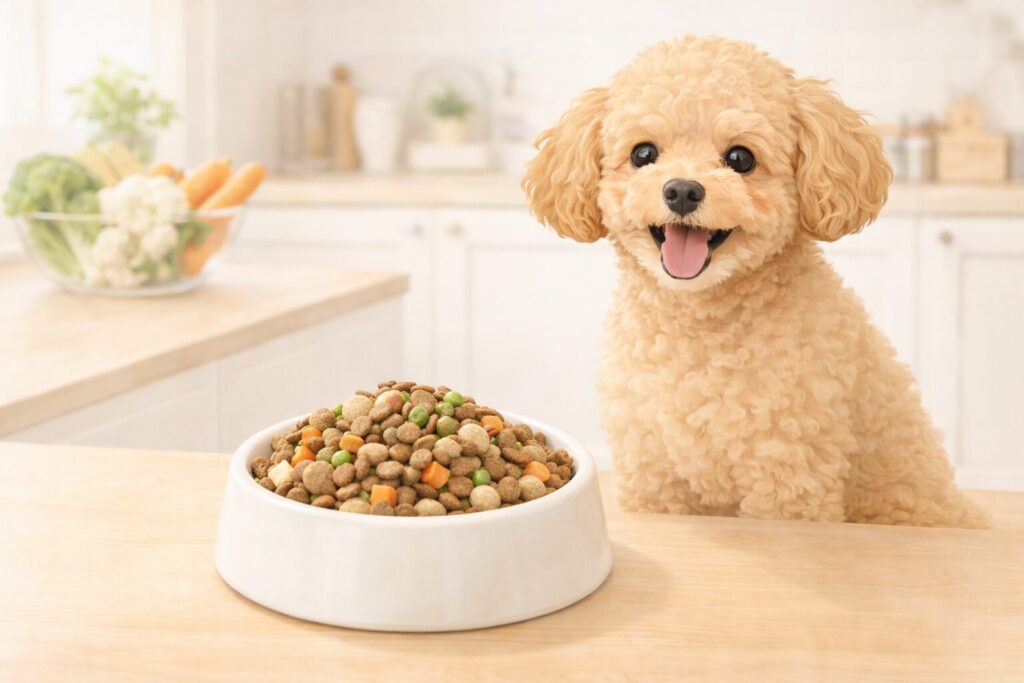 消化に優しいドッグフードと元気な犬のイメージ