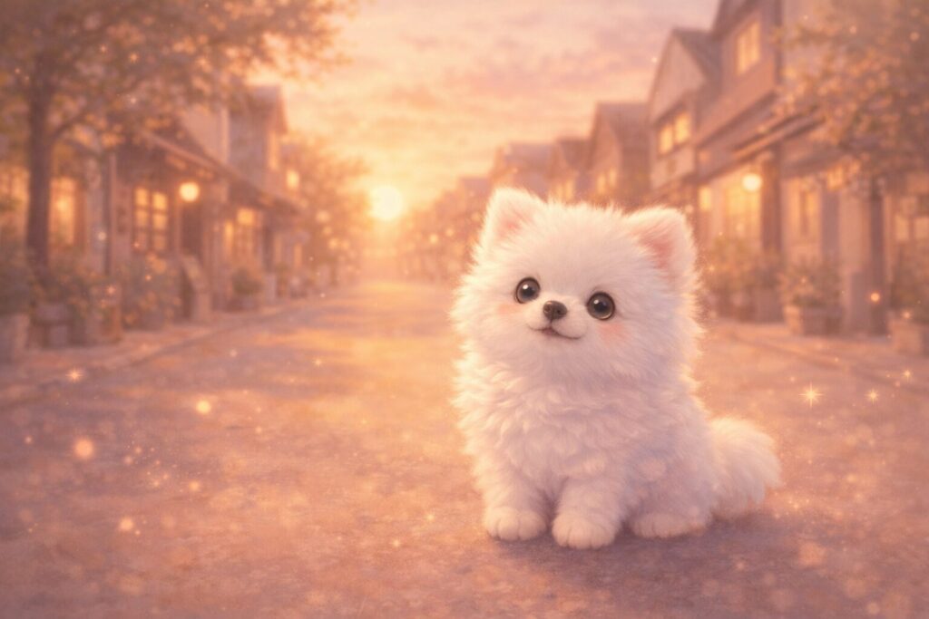 道ばたで白い子犬を拾う夢をイメージしたやさしい風景