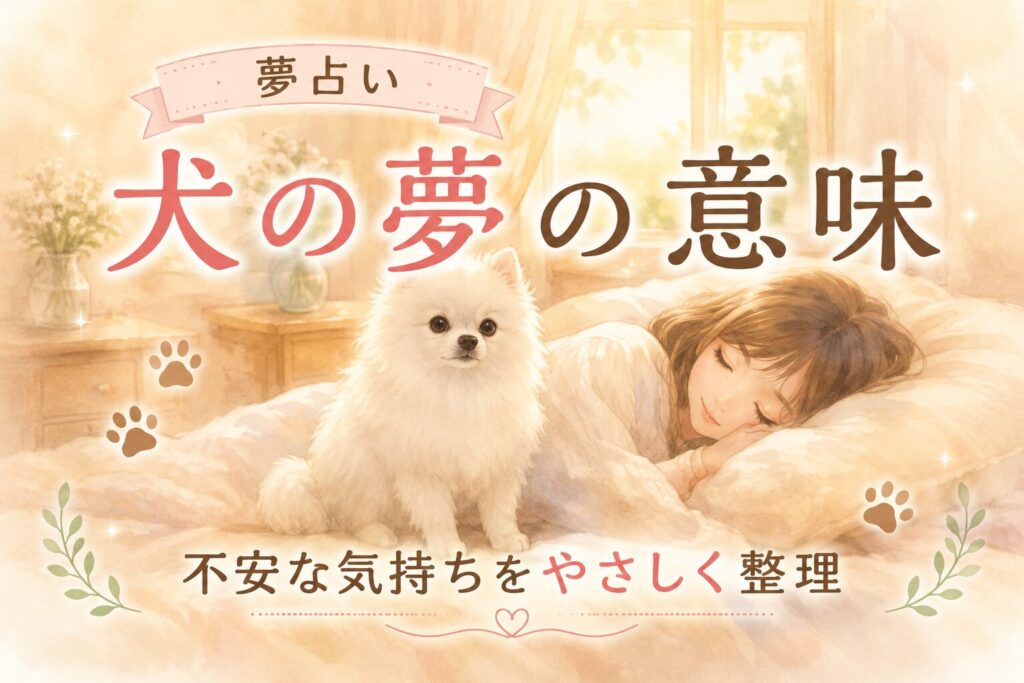 ベッドで眠る女性と白い犬｜犬の夢の意味をやさしく解説するイメージ画像