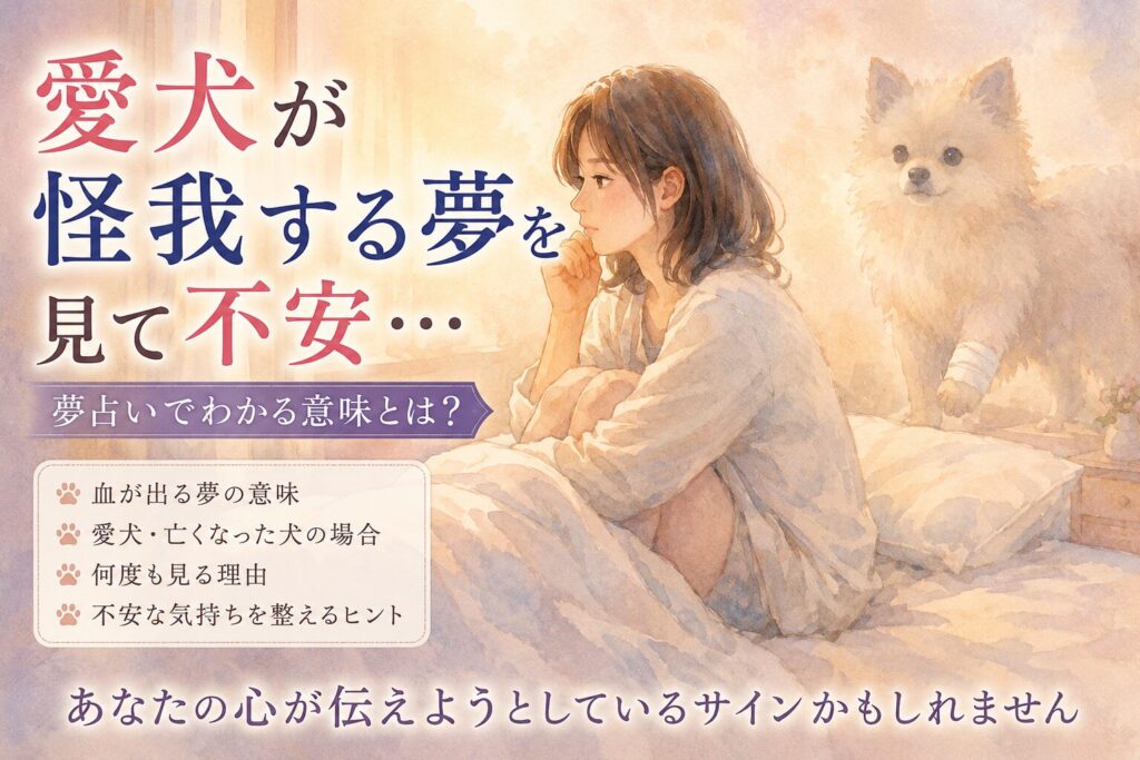 愛犬が怪我する夢を見て不安になる女性と包帯を巻いた犬のイラスト