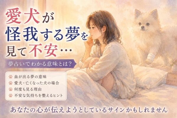 愛犬が怪我する夢を見て不安になる女性と包帯を巻いた犬のイラスト