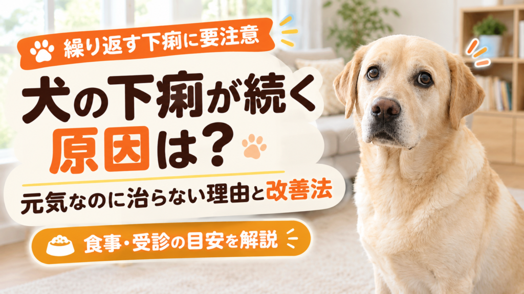 犬の下痢が繰り返す原因や、元気があっても治らない場合の注意点と改善法を紹介するアイキャッチ画像。