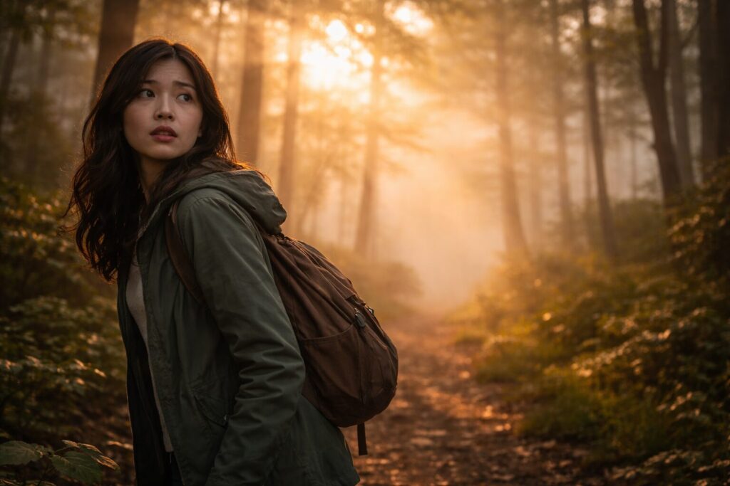 犬を探す夢を見て不安そうに周囲を探す日本人女性のイメージ