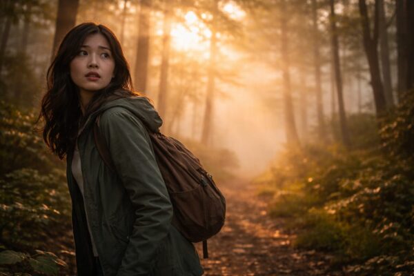 犬を探す夢を見て不安そうに周囲を探す日本人女性のイメージ