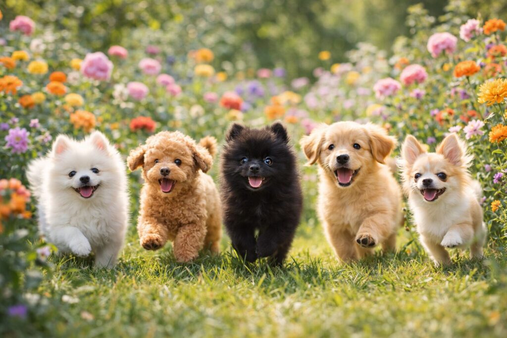 庭で遊ぶ複数の子犬たちの明るいイメージ