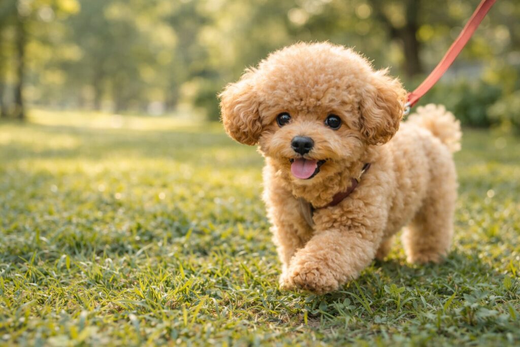 外で歩くトイプードルの子犬