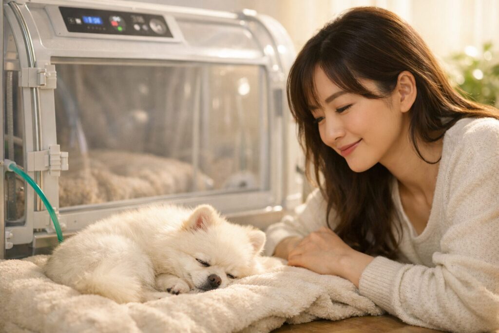 安心して眠る犬と見守る飼い主