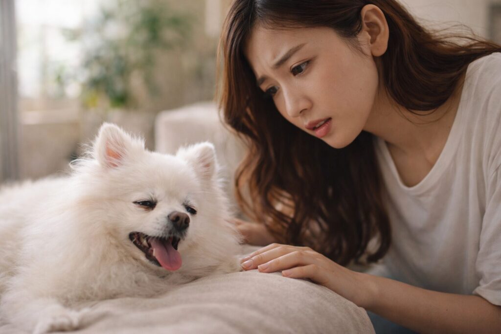 呼吸が浅く苦しそうな犬と心配する飼い主