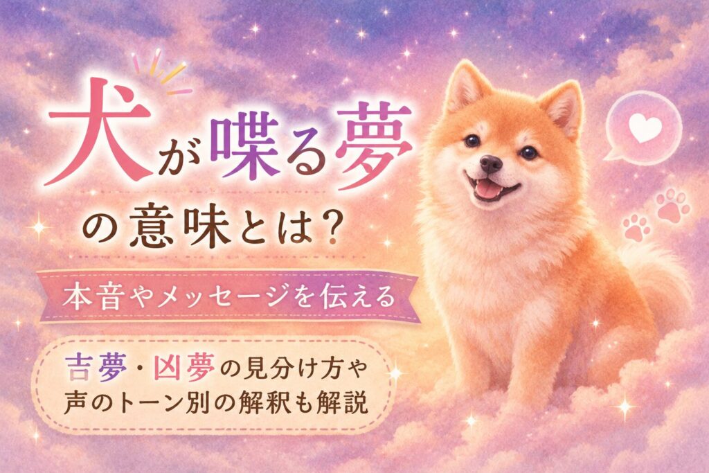 雲の上で笑顔を見せる犬と「犬が喋る夢の意味とは？」の文字が入った夢占いのアイキャッチ画像