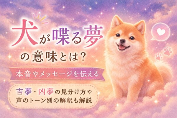 雲の上で笑顔を見せる犬と「犬が喋る夢の意味とは?」の文字が入った夢占いのアイキャッチ画像
