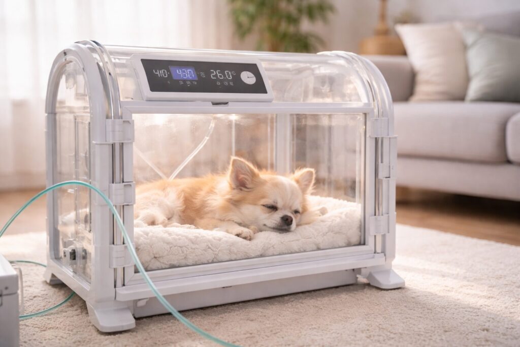 犬の酸素室で安静にしている小型犬の様子
