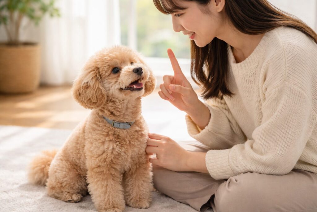 トイプードルが飼い主に寄り添う様子