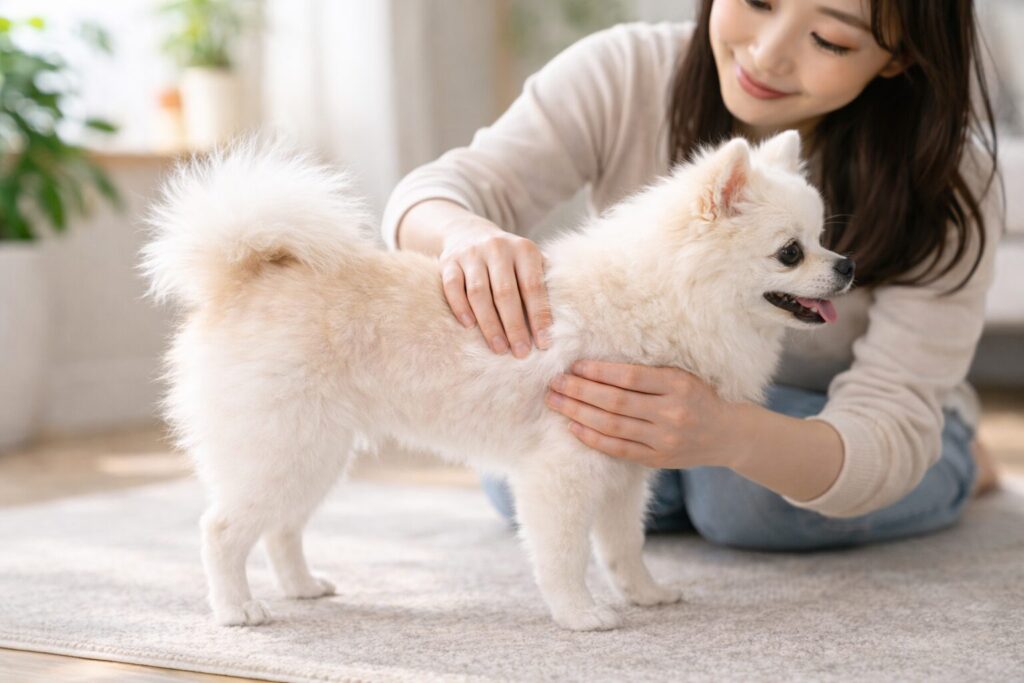 ポメラニアン6ヶ月の体型を飼い主が確認している様子
