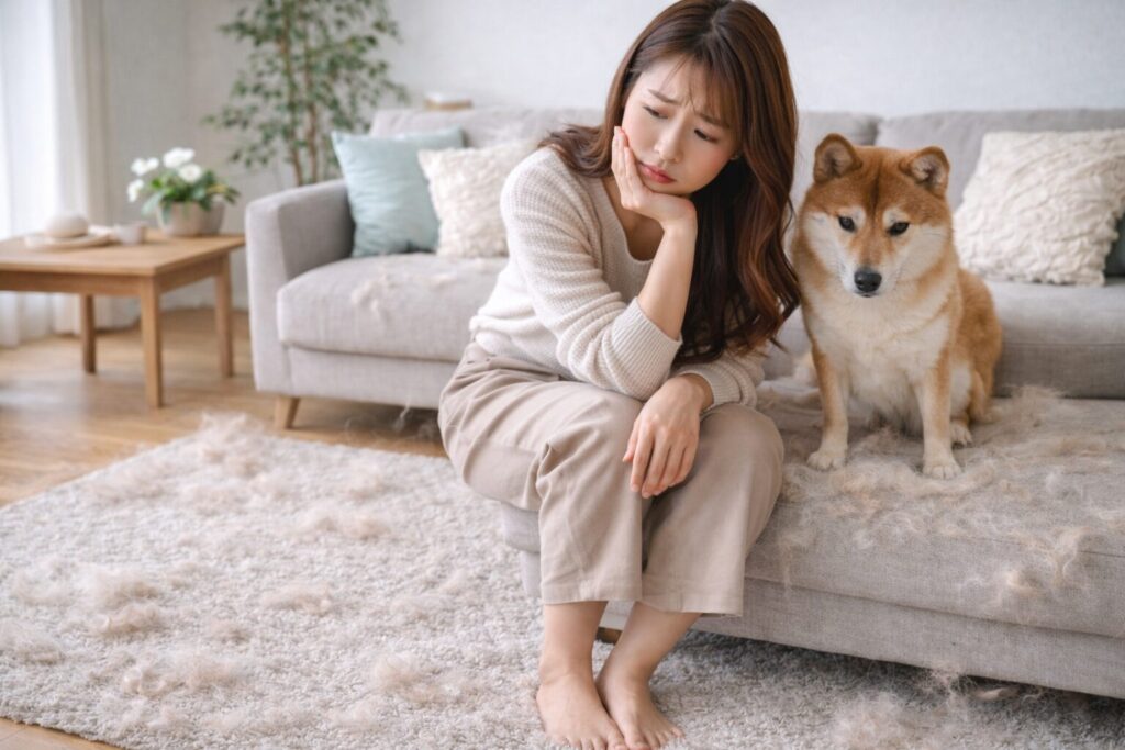 犬の抜け毛で部屋やソファが毛だらけになって困っている様子