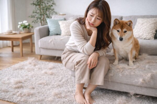 犬の抜け毛で部屋やソファが毛だらけになって困っている様子