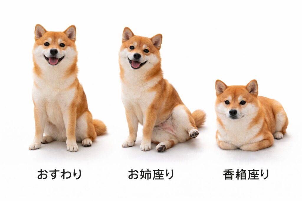 柴犬のおすわり お姉座り 香箱座りの違いを比較した画像