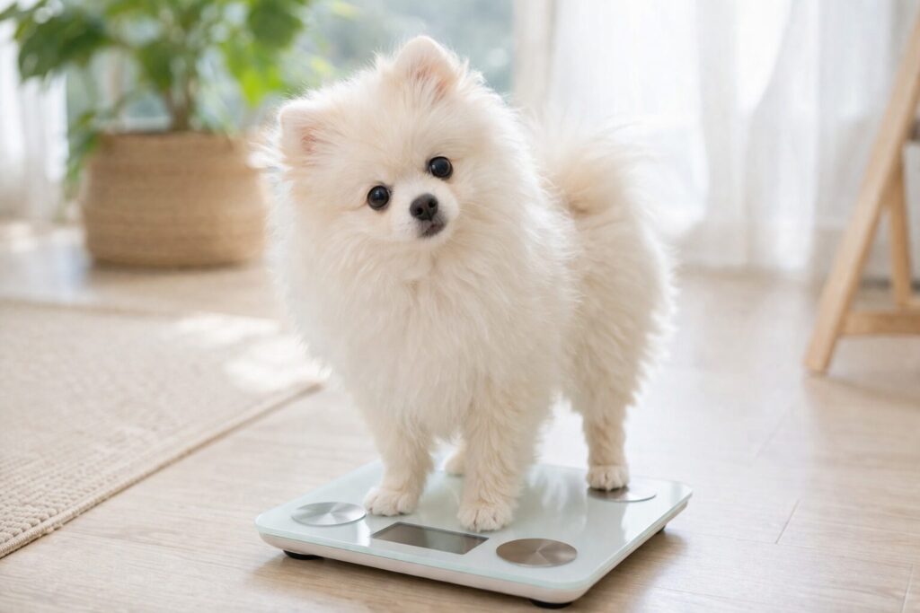 ポメラニアン 5ヶ月 体重計に乗る子犬