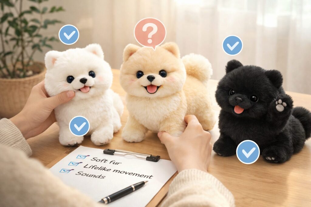 ポメラニアンぬいぐるみを比較して選んでいる様子