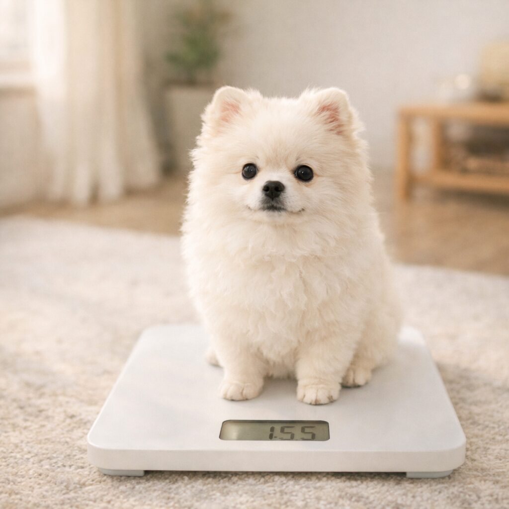 ポメラニアン 生後4ヶ月 体重計に乗る子犬