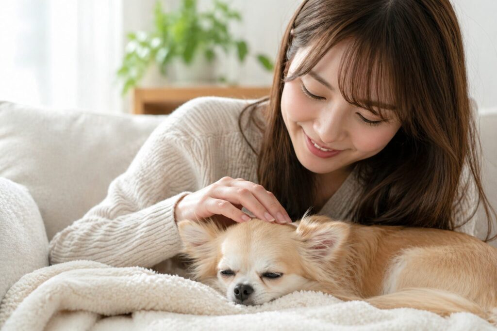 飼い主とリラックスして過ごすチワワ