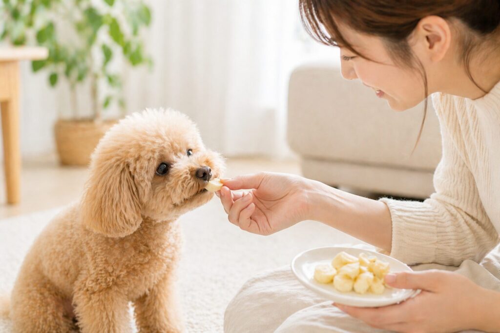 飼い主から少量のバナナをもらう犬