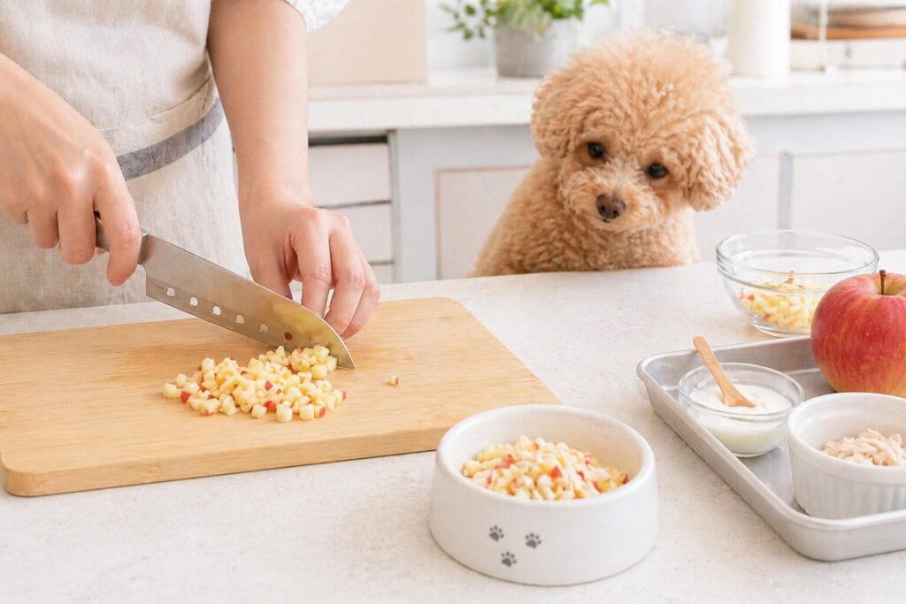 犬用にりんごを小さくカットしている様子