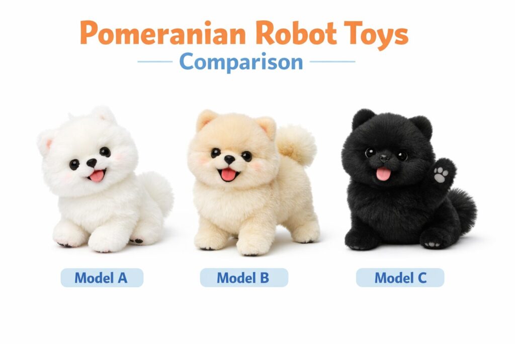 動くポメラニアンぬいぐるみ3種類の比較イメージ