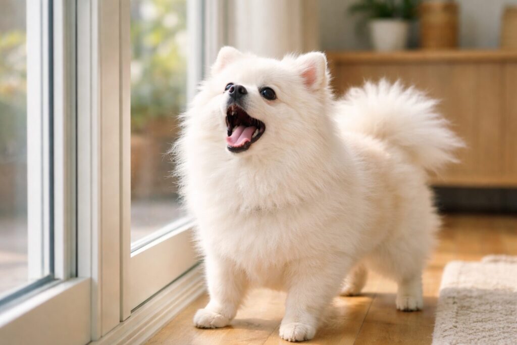 ポメラニアンが窓に向かって吠えている様子