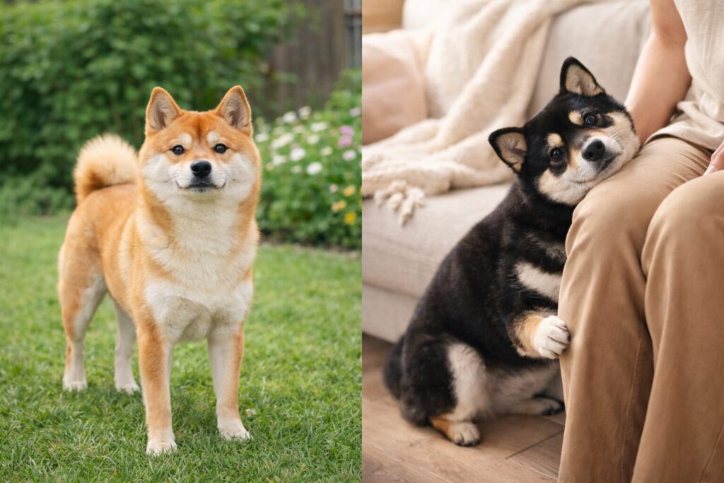 柴犬と豆柴の性格の違いをイメージした写真