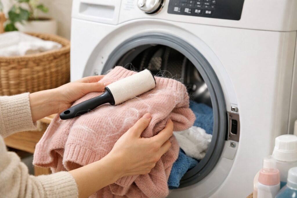 洗濯機に衣類を入れて犬の毛対策をしている様子