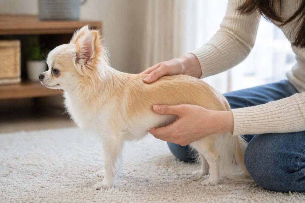 チワワの体を横から優しく触って体型を確認している飼い主の手元
