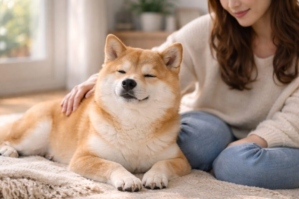 リラックスして静かに過ごす柴犬