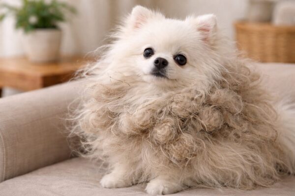 毛玉ができて少し困った表情をしているポメラニアン