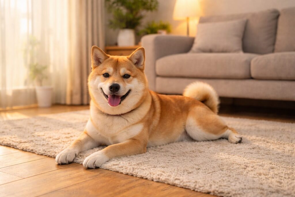 柴犬が室内でリラックスして過ごしている様子